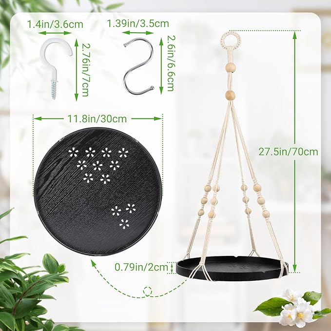 SUREAM Indoor Hanging Planter Shelf, Black Macrame Plant Hanger, Handmade Cotton Plant Hangers with Wood Tray, Planter Flower Pots Holder for Window Wall Ceiling Home Porch Patio Decor