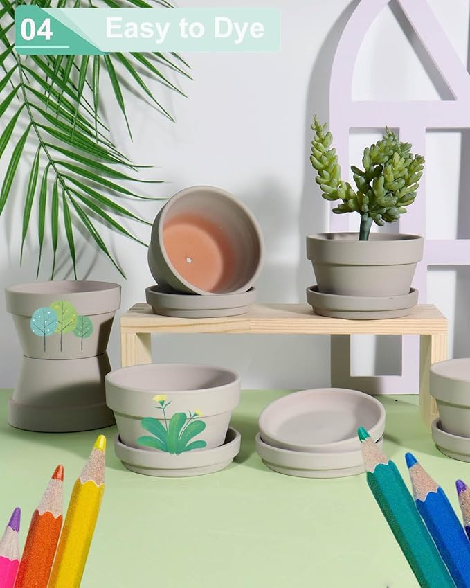 vensovo 4.5 Inch Grey Terracotta Shallow Succulent Pots - 6 Pack Terra Cotta Clay Pot with Saucer, Cacuts Indoor and Outdoor Planters with Drainage Hole