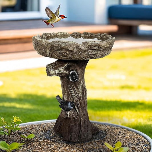 SunJet 23 Inch High Wood-Look Concrete Bird Bath with Decorative Faux Bird – Birdbath Rustic & Long-Lasting Design, Enhances Garden, Patio, Yard, Lawn Decor