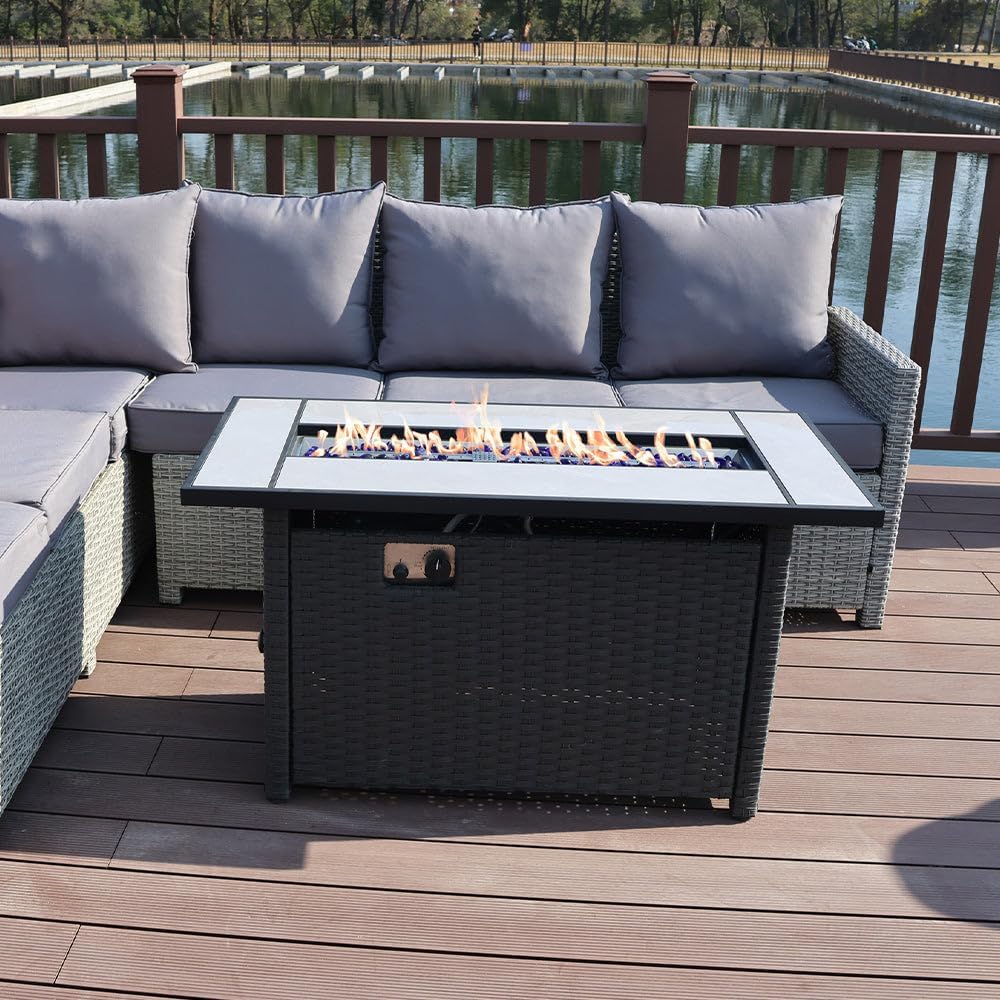 Tirana Propane Fire Pit Table 45" Outdoor Firepit 50,000 BTU Firepits for Outside with Lava Rocks and Removable Lid Metal Fire Pit Outdoor Fireplace Propane Fire Pits for Outside CSA Certified
