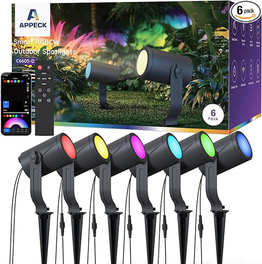 Smart Landscape Lighting Kit 36W, RGBCW Smart Landscape Lights 6 Pack, IP65 Waterproof Outdoor Spotlights, Alexa/Google Assistant Compatible, for Garden Pathway Yard Holiday Decor