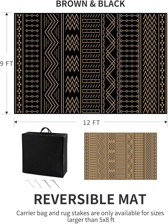 COCOER Outdoor Rug Carpet Waterproof 9x12 ft Patio Rug Mat Indoor Outdoor Area Rug for RV Camping Picnic Reversible Lightweight Plastic Straw Outside Rug for Patio Decor Decoration Boho Rug