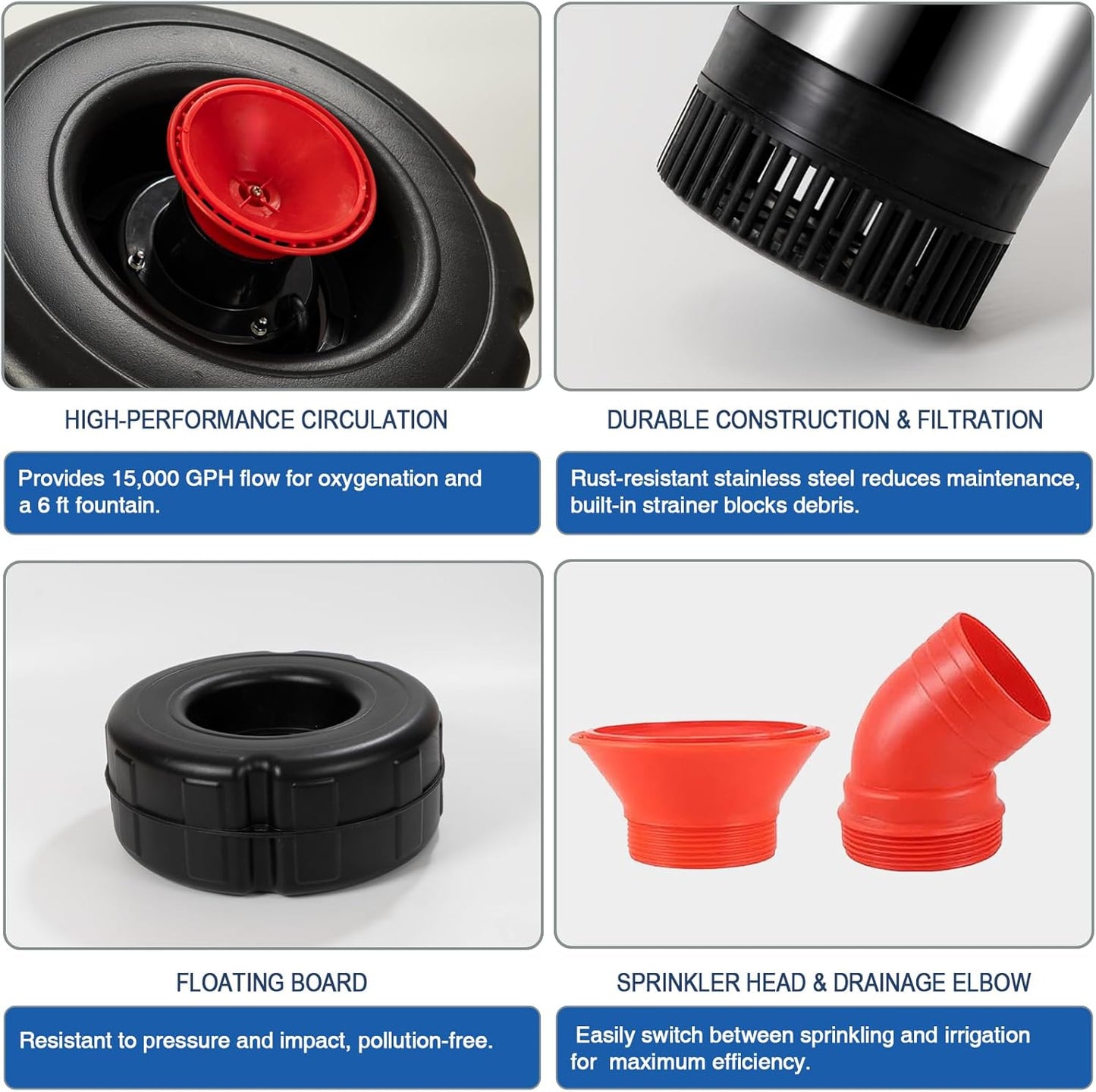 Pond Fountain Aerator, 1HP 10000 GPH Floating Fountain Pump with Timer & 100FT Cord, Stainless Steel Pond Jet System for Large Outdoor Ponds & Lakes