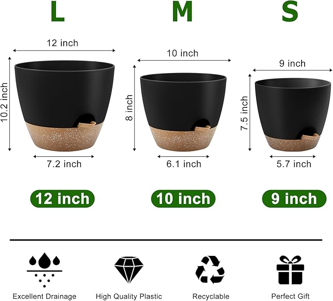 Plant Pots 12/10/9 Inch Self Watering Pots, Set of 3 Plastic Planters with Drainage Holes and Saucers,Plastic Flower Pots,Nursery Planting Pot for Indoor Out Door Plants(Black)