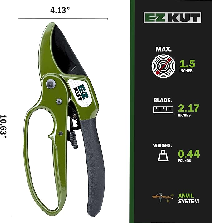 EZ Kut Heavy Duty Pruning Shears Green - with Ratcheting Action Great Garden Hand Tool Clippers Gardening pruners arthritis tools Ratcheting Anvil Hand Pruner Pruning Shears Heavy Duty Since 1988
