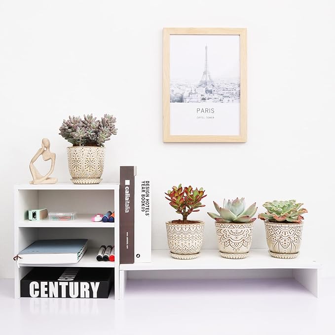 Gepege Succulent Pots, 4 Inch Small Indoor Ceramic Planter Pot with Drainage Holes and Saucers for Plants- Creamy White - Set of 4