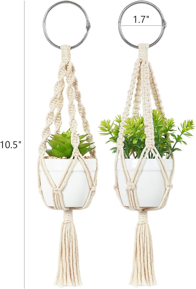 Mkono Mini Macrame Plant Car Accessories Rear View Mirrior Charm Cute Hanging Rearview Car Decor Boho Hanger with Artificial Succulent Plants Gifts for Plant Lover Set of 2, White