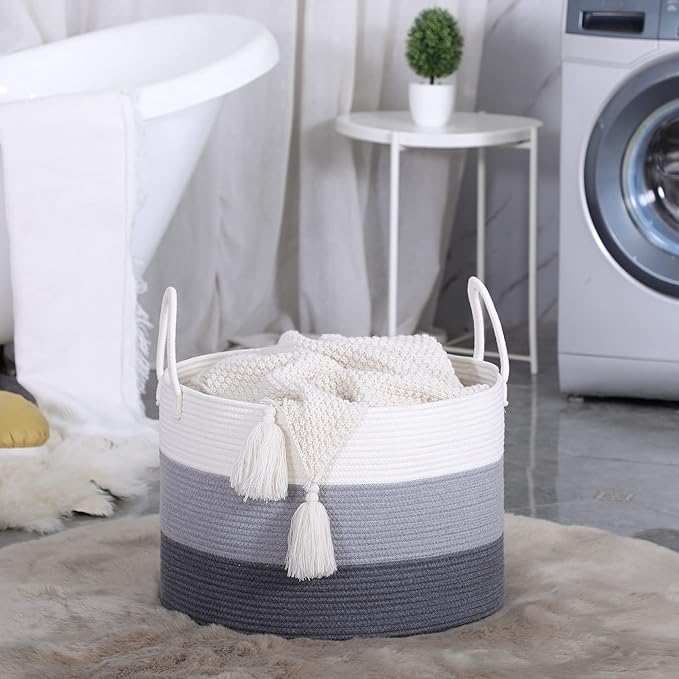 KAKAMAY Large Blanket Basket (20"x13"),Woven Baskets for storage Baby Laundry Hamper,Cotton Rope Blanket Basket for Living Room, Laundry, Nursery, Pillows, Baby Toy chest with Handles (White/Grey)
