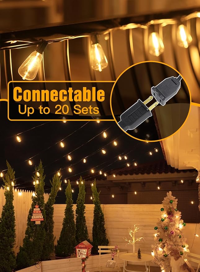 Ollny 50FT Outdoor String Lights, Shatterproof Connectable Patio Lights with 25+2 Spare ST38 Vintage Bulbs, 2200K Warm White Waterproof Outside Hanging Light for Camping Yard Gazebo Porch Balcony