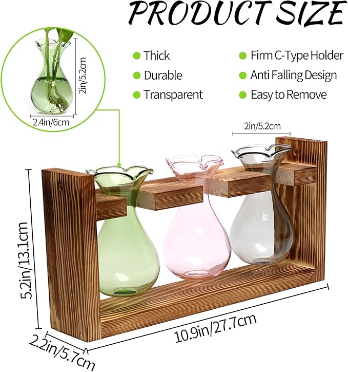 Plant Propagation Station Plant Terrarium Unique Birthday Gifts for Women Plant Lovers Home Office Decor Planter with Wooden Stand - 3 Bulb Glass Vase
