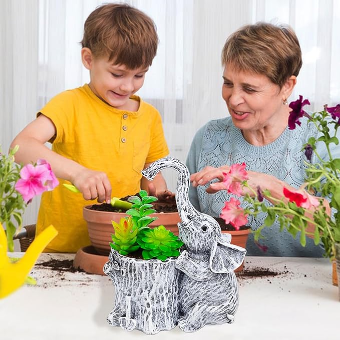 Elephant Gifts for Women Succulent Pots Indoor Elephant Planters for Plant Lovers Cute Outdoor Plant Pots Outdoor Garden Animal Decor Elephant Hug Stump Statue with Drainage Hole