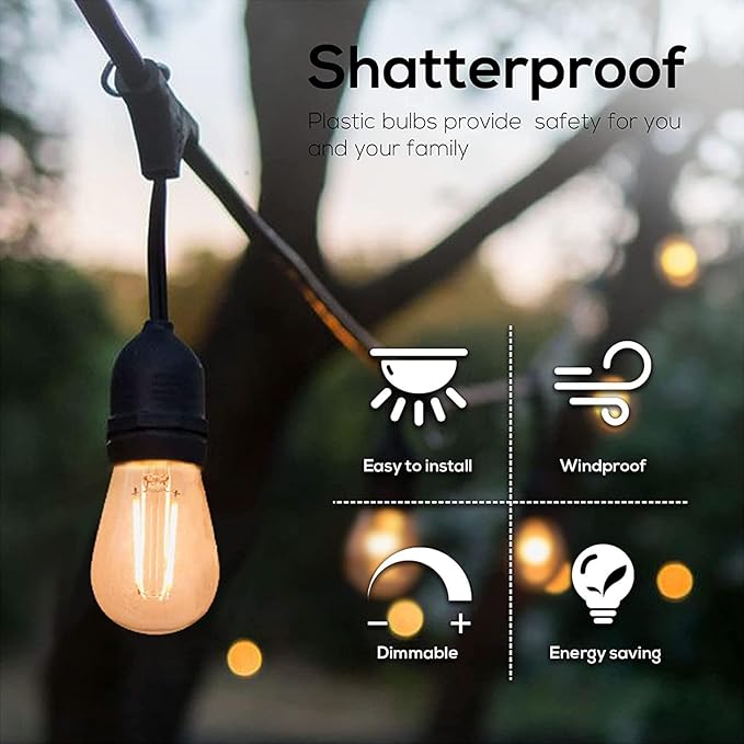 Banord 5 Pack Dimmable 2W S14 Replacement LED Bulbs, 2700K Warm White Waterproof Outdoor String Lights Vintage LED Filament Bulb, Shatterproof E26 Screw Base Edison Light Bulbs