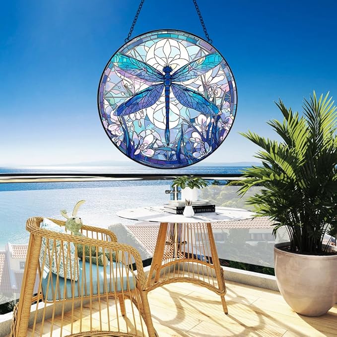 Dragonfly Decor Suncatcher Stained Glass Window Hanging - Handmade Artistic Suncatchers for Windows Hanging - Wall Home Decor Suncatcher with Metal Chain and Hook Gift for Women Mom Home Porch Garden