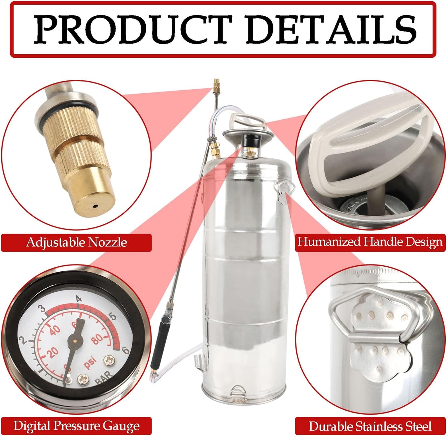 Hand Pump Sprayer Stainless Steel Sprayer for Indoor and Outdoor 3.5 Gallon Sprayer 20 in Wand 3.3 FT Hose