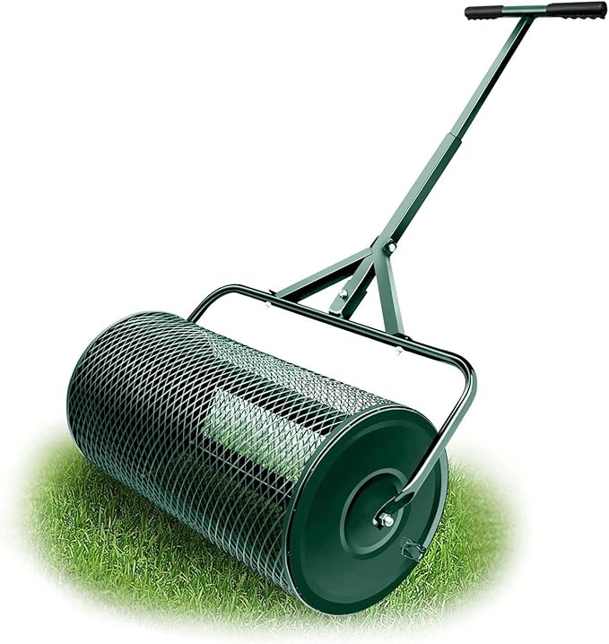 Compost Spreader, Durable Lawn Roller, Manure Spreader with Upgrade T Shaped Handle,Top Soil Spreader for Lawn and Garden Care Manure Spreaders Roller (12.5 Inch-T-Green-S)