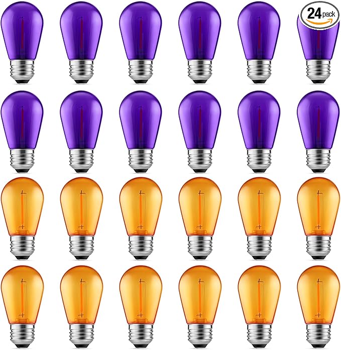 Meconard S14 Purple and Orange LED Light Bulbs, 24Pack 1W Plastic Shatterproof Waterproof LED Bulbs for Indoor Outdoor String Lights, E26 Base, Halloween Decoration, String Light Replacement Bulbs