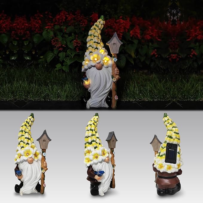 Solar Gnome Statue with Flower Hat - Solar Resin Garden Outdoor Statue Sculpture,Whimsical Gnome Figurine for Woman Gift Home and Garden Decor