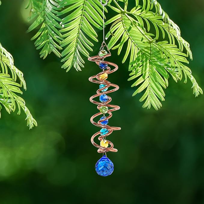 FONMY Gazing Ball Spiral Tail -Decorative Wind Spinner Sun Catcher Rainbow Maker Copper Double-Spiral W/Sea Blue Crystal Ball and Chain Crystals Beads for Indoor Outdoor Garden Decoration -14 inch H