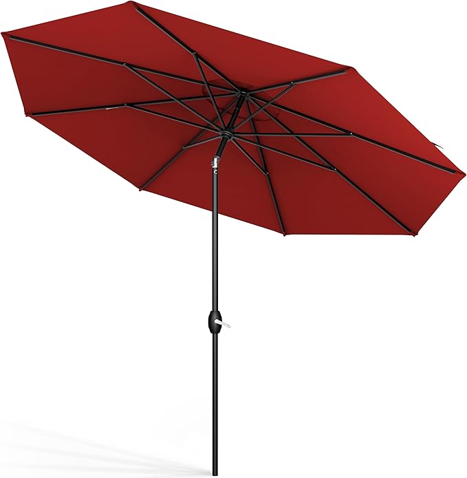 Midtown Umbrellas Sunbrella Umbrella 10 Feet Large Outdoor Umbrella With Sunbrella Red Acrylic Fabric - Auto-Tilt Aluminum Frame Large Patio Umbrella For Backyard, Deck, Garden, Pool - Black Pole