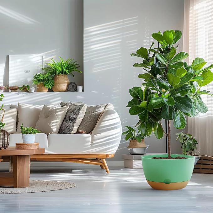 8/10/12 Inch Pots for Indoor Plants, Large Self Watering Planters with Drainage and Saucers, Plastic Outdoor Flower Pot, Set of 3, Green