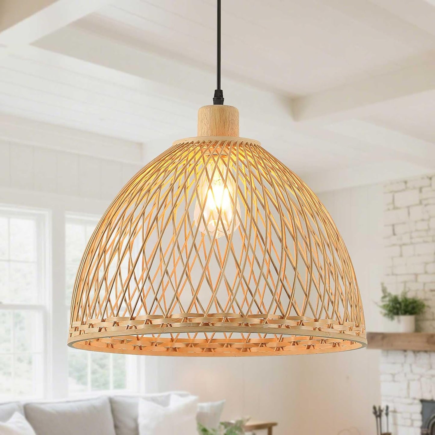 Hand-Woven Rattan Pendant Light, 16 Inch Boho Wicker Lights Fixture Wite Adjustable Cable, Coastal Hanging Lighting for Kitchen Island Dining Room Living Room Entrance Foyer
