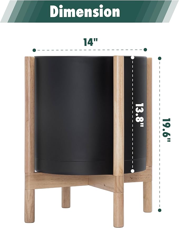 D'vine Dev Planter Pot with Stand - 14 Inch Plastic Cylinder Flower Pot with Wood Planter Holder for Indoor, Matte Black Pot + Natural Stand, 55-C-S-2