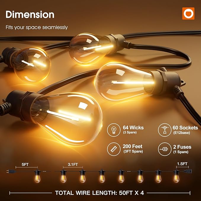 addlon 200FT(4-Pack*50FT) LED Outdoor String Lights with Edison Shatterproof Bulbs, Heavy-Duty and Weatherproof Strand, Commercial Grade Patio Lights, Decorative for Garden or Patio, Black