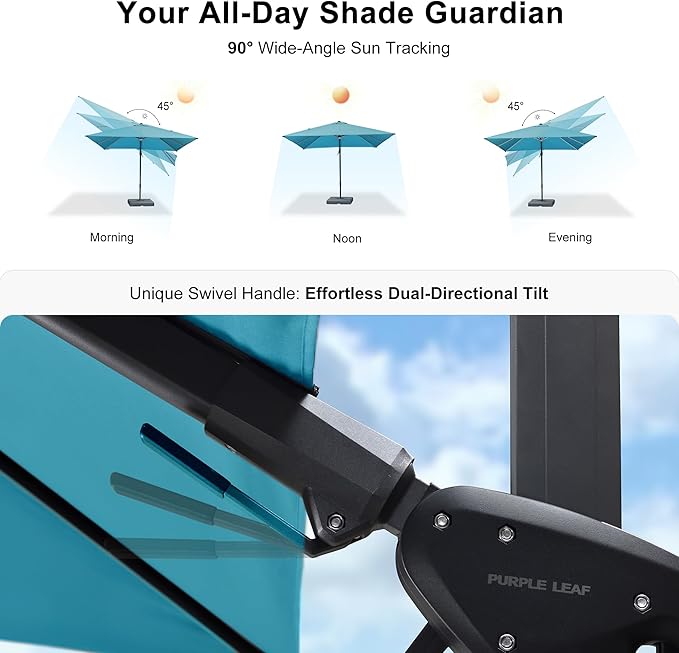 PURPLE LEAF 9' X 12' Right-left Tilt Patio Umbrella with Base Outdoor Cantilever Swivel Rectangle Umbrella Aluminum Offset Umbrella with 360-degree Rotation for Garden Deck Pool Patio Turquoise Blue