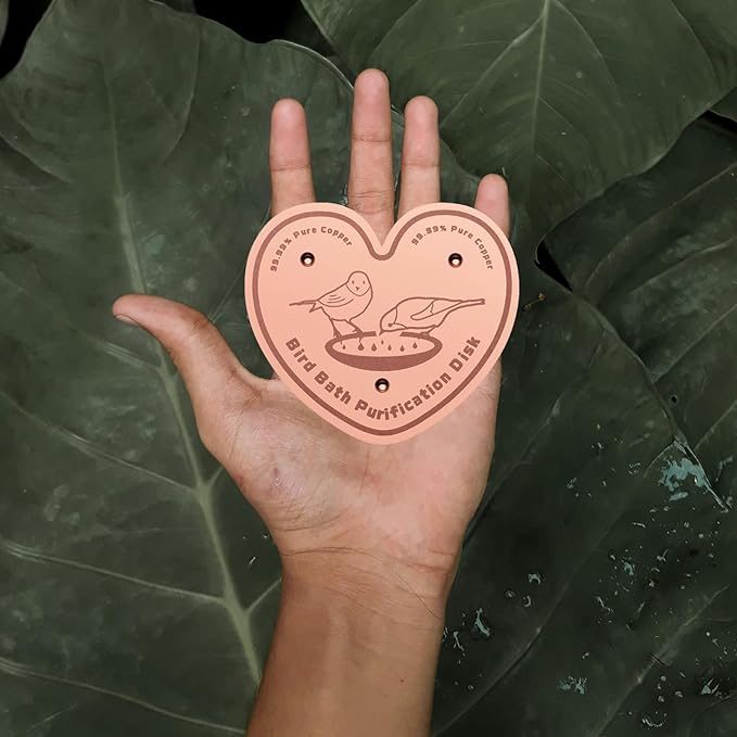 1-Pack 99.99% Pure Copper Bird Bath Purification Disk,Copper Disc with Stable Triple-Point Support,Fits All Outdoor Bird Baths(Heart-Shaped)