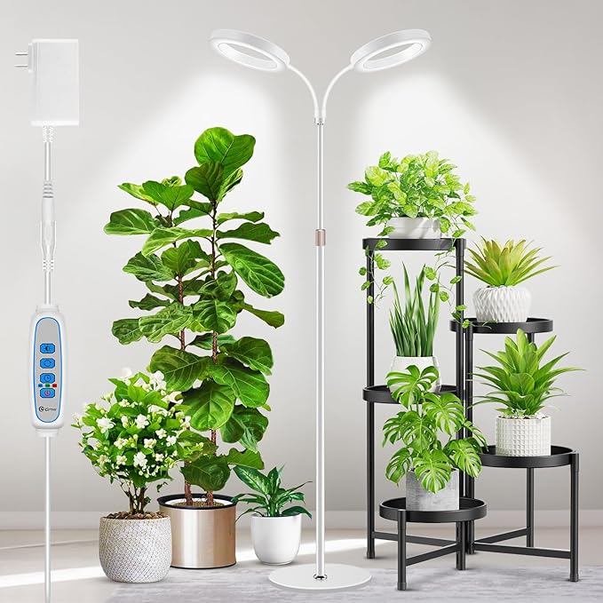 Large Plant Light for Indoor Plants, 2 Head Full Spectrum Grow Light with 68" Adjustable Stand for Growing Large Tall Plants, White Halo Floor LED Grow Lamp with 16 Hour Timer