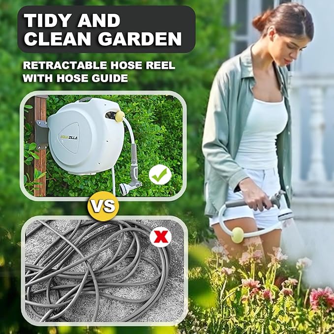 Retractable Garden Hose Reel, 1/2 in 100+6 ft, Heavy Duty Wall Mounted Water Hose Reel, Spring Power Automatic Rewind, Any Length Lock, 180° Swivel Bracket, 10 Pattern Spray Nozzle