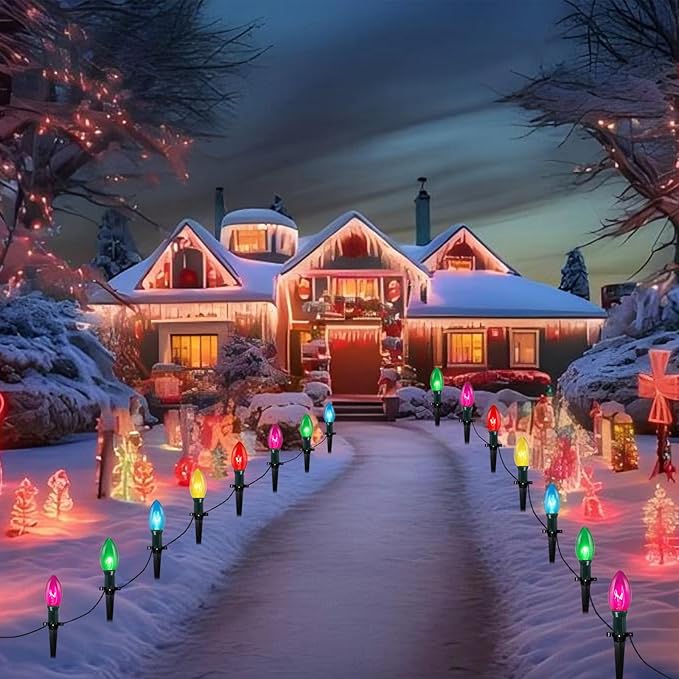 38Ft Christmas Pathway String Lights Outdoor With C9 25 Multicolor Marker Stakes, Extendable Walkway Lights for Outside Xmas Party Holiday Backyard Sidewalk Decor