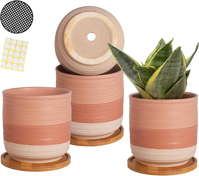 5.25 Inch Ceramic Planter Pot for Indoor Plants with Drainage Holes, Coarse Glazed Gradient Color Flower Planter Pots with Bamboo Saucer, for Succulent, Snake Plants, Cactus & Herbs, Set of 4