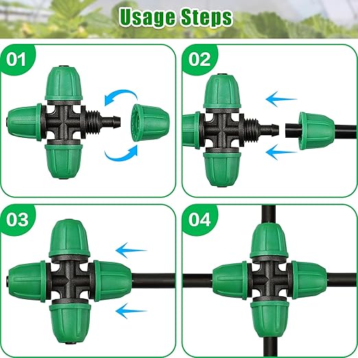 JAYEE 50 Pcs Drip Irrigation Fittings Kit for 1/4 Inch Tubing, Drip Line Parts for Drip Systems - 20 Tee, 12 Coupling, 8 Elbow, 5 Barbed 4-Way Cross, 5 End Closure - Barbed Locked Nuts Connectors