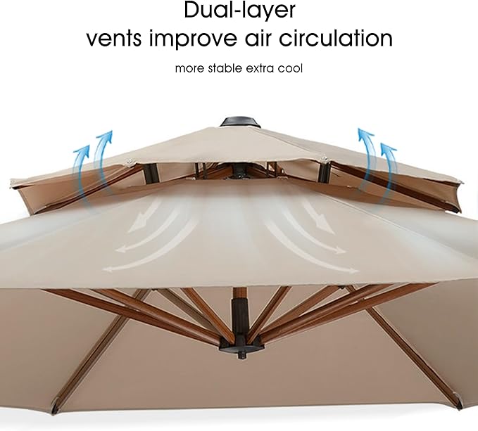 PURPLE LEAF 9' X 12' Double Top Deluxe Wood Pattern Rectangle Patio Umbrella with Base Offset Hanging Umbrella Outdoor Market Umbrella Garden Umbrella, Beige