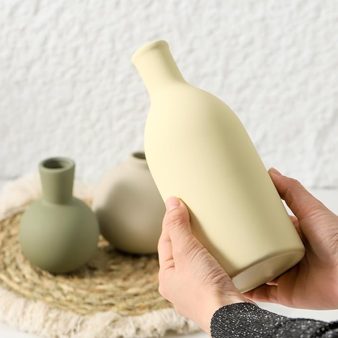 Vase Set of 3, Ceramic Vases Home Decor Flower Decorative Table Decor Vase Pottery Neutral Vases for Tray Table Mantel Living Room Kitchen Bedroom Bathroom Entryway -Light Color
