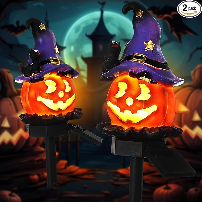 Retisee 2 Pcs Halloween Pumpkin Pathway Solar Lights Orange Jack O Lantern Stake Lights for Outdoor Halloween Decorations Yard Display LED Front Porch Decor(Witch Hat Pumpkin)