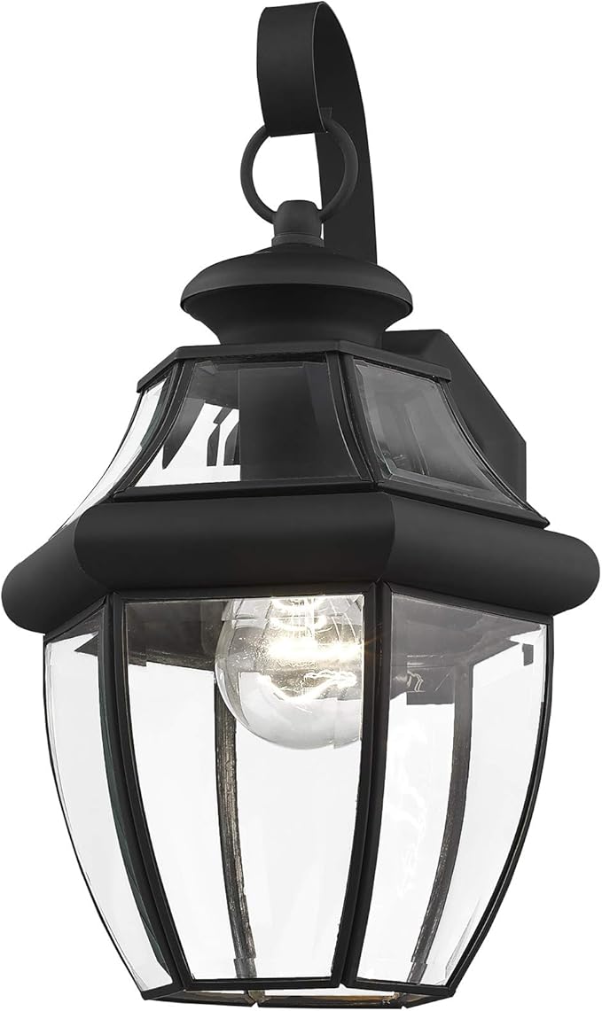 Livex Lighting 2151-04 Monterey 1 Light Outdoor Black Finish Solid Brass Wall Lantern with Clear Beveled Glass, 13" x 8.5" x 8.25"