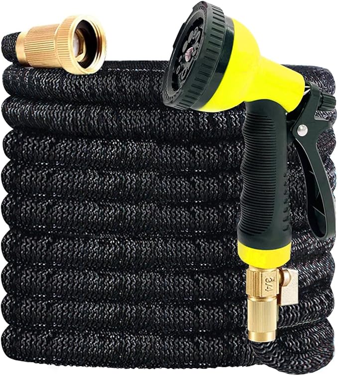 J&B XpandaHose 150ft Expandable Garden Hose with Holder - Heavy Duty Superior Strength 3750D - 4 -Layer Latex Core - Extra Strong Brass Connectors and 10 Spray Nozzle w/Storage Bag (Black 150)
