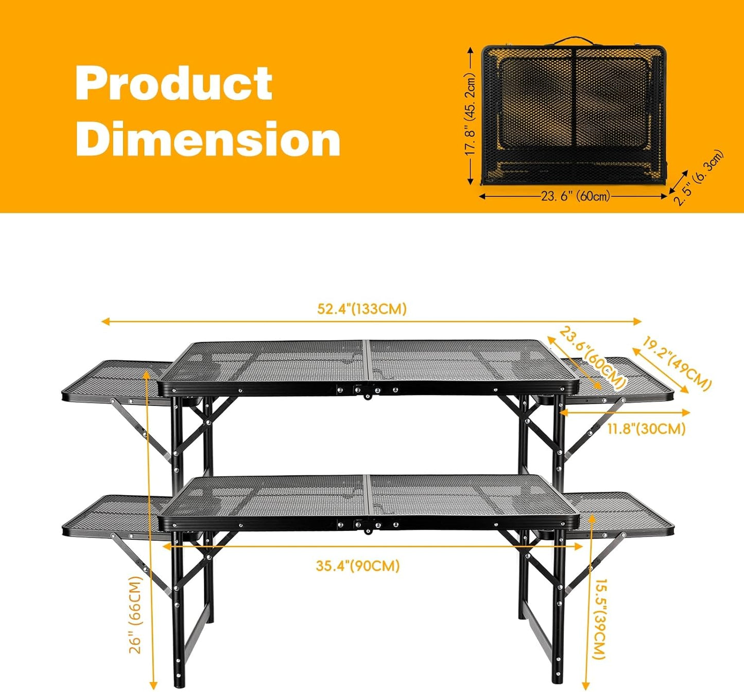 Grill Table Folding Table with 2 Wing Panels 3FT+1.4 FT with Mesh Desktop 2 Height Adjustable Portable Grill for Outdoor Indoor Beach BBQ Picnic Travel RV Black