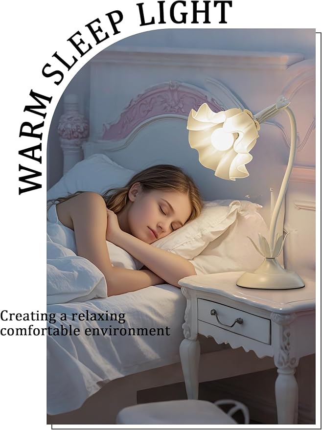 Flower Table Lamp,LED Reading Light Bedside Vintage Flower Night Light,3 Colors Modes Kawaii Bedside Lamps Decor,Living Room Bedroom Room Lighting Table Lamps Home Decoration (White)