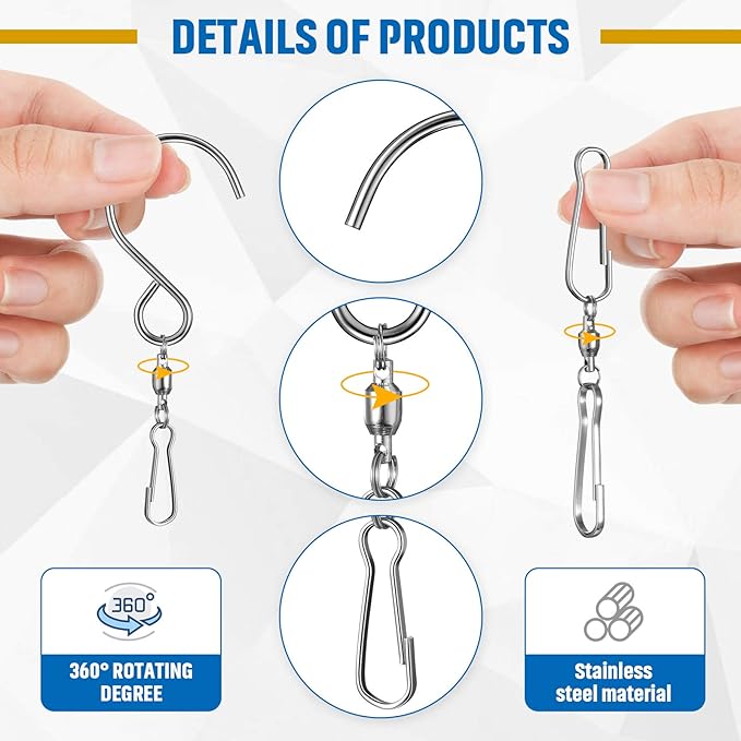 Jetec Wind Spinner Swivel Hooks 360 Degree Dual Spinning Windsock Chime Supplies Hanger Swivels Clip Hanging Hooks with Storage Box for Wind Spinners Supply, 2 Styles (Metal Color,30 Pieces)