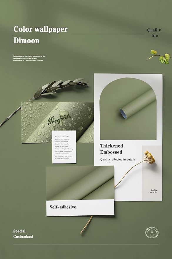 Dimoon 78.7''x17.7'' Green Peel and Stick Wallpaper Contact Paper Modern Self Adhesive Wall Paper Removable Renter Friendly Textured Solid Color Shelf Cabinet Vinyl Roll (78.7''x17.7'',Olive Green)