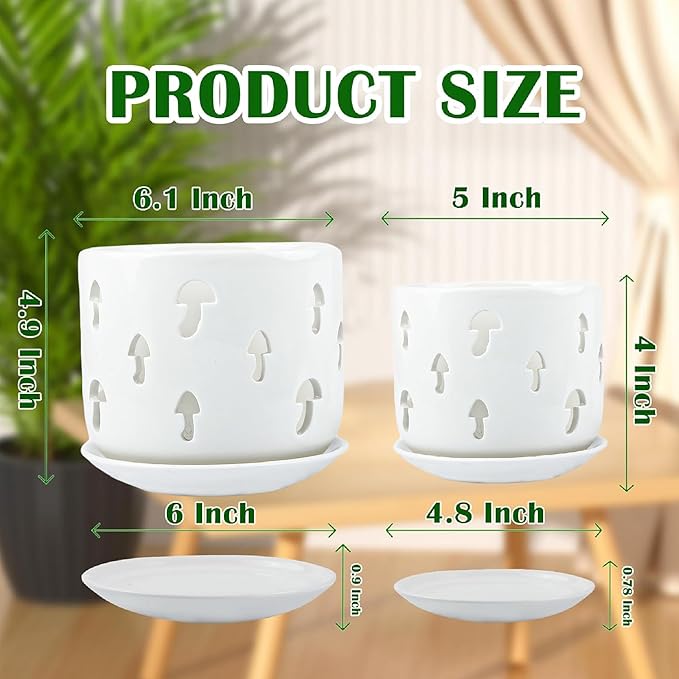 KERUITA Orchid Pots with Holes,5 inch + 6 inch Ceramic Planters Set of 2 with 2 Tray,White Flower Pot with Dancing Mushroom Shaped Vent, Enhanced Drainage and Ventilation