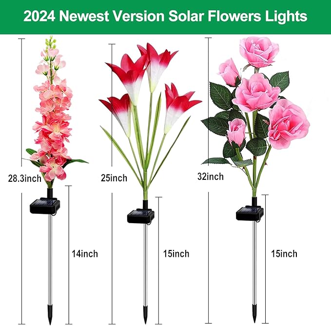 Solar Garden Lights Waterproof, 3 Pack Solar Flowers Lights Includes Lily Rose Delphinium,Gardening Gifts for Mom Grandma Women ,7-Color Changing Outdoor Decor Solar Lights for Garden Yard Patio Lawn