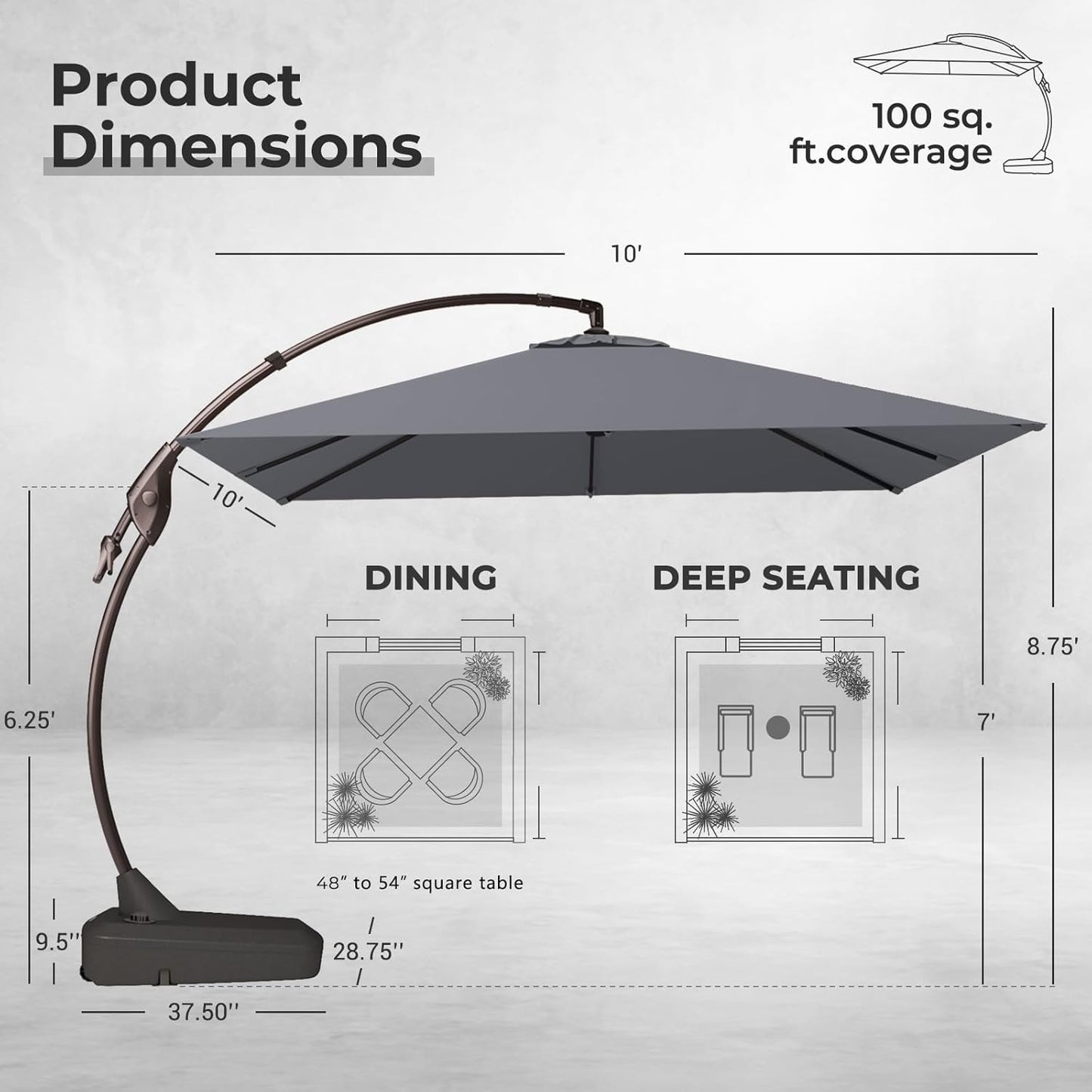 Grand patio Sunbrella 10x10 FT Cantilever Umbrella with Base Included Patio Square Aluminum Offset Umbrellas for Outdoor Pool (Charcoal, 10X10 FT-SUNBRELLA)