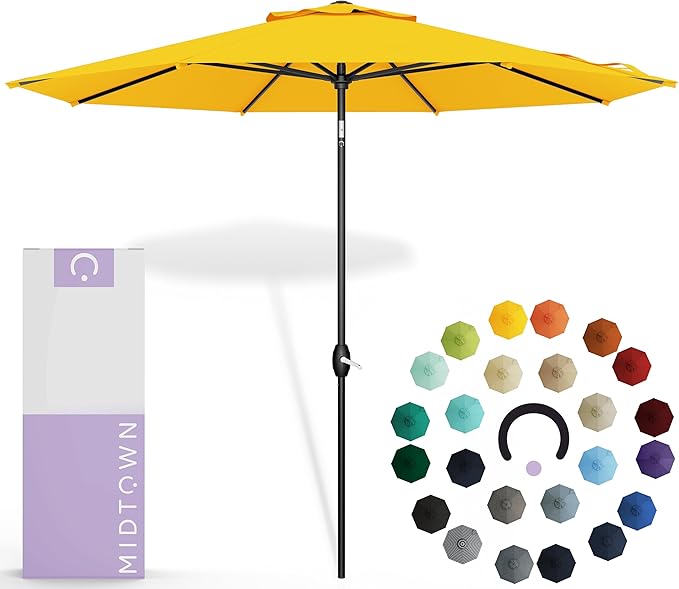 Midtown Umbrellas Sunbrella Umbrella 9 Feet Outdoor Umbrella With Yellow Acrylic Fabric - Auto-Tilt Aluminum Frame Patio Umbrella For Backyard, Deck, Garden, Pool - Black Pole