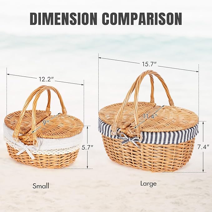 Happypicnic Wicker Picnic Basket with Handle, 15" Large Empty Picnic Basket with Lid & Removable Liner, Vintage Hand Woven Basket for Picnics, Camping, Veg Picking, Mother'S Day, Thanksgiving (Stripe)