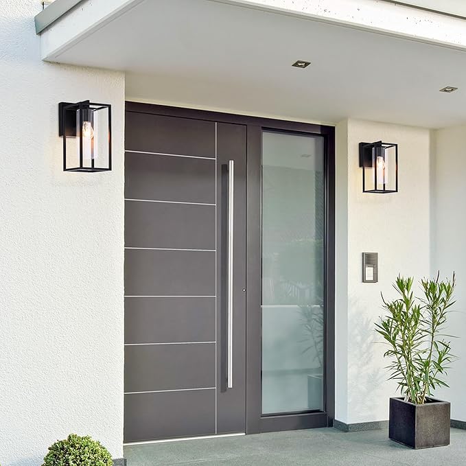 Pia Ricco Outdoor Wall Lights, Black Outdoor Wall Lantern with Square Clear Glass Shade, Waterproof Exterior Lighting Fixtures, Modern Front Porch Lighting for House, Garage, E26 Base, ETL Listed