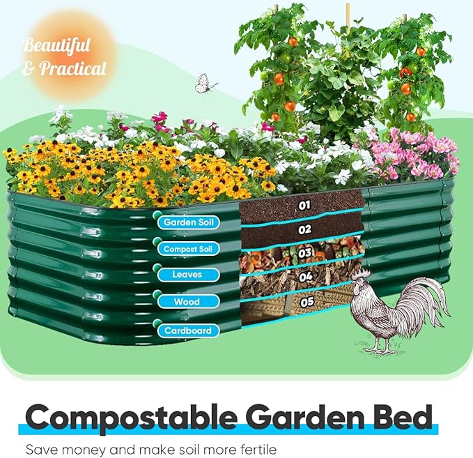 Quictent Galvanized Raised Garden Bed Kit, 8x4x2 ft Oval Metal Planter Box Tall for Vegetables Outdoor Backyard, Rubber Strip Edging Included (Dark Green)